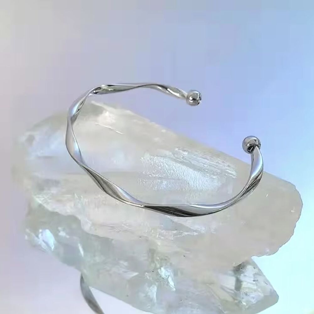 Silver Twist Cuff Open Bangle Bracelet Layer Thin Lightweight Classic Elegant